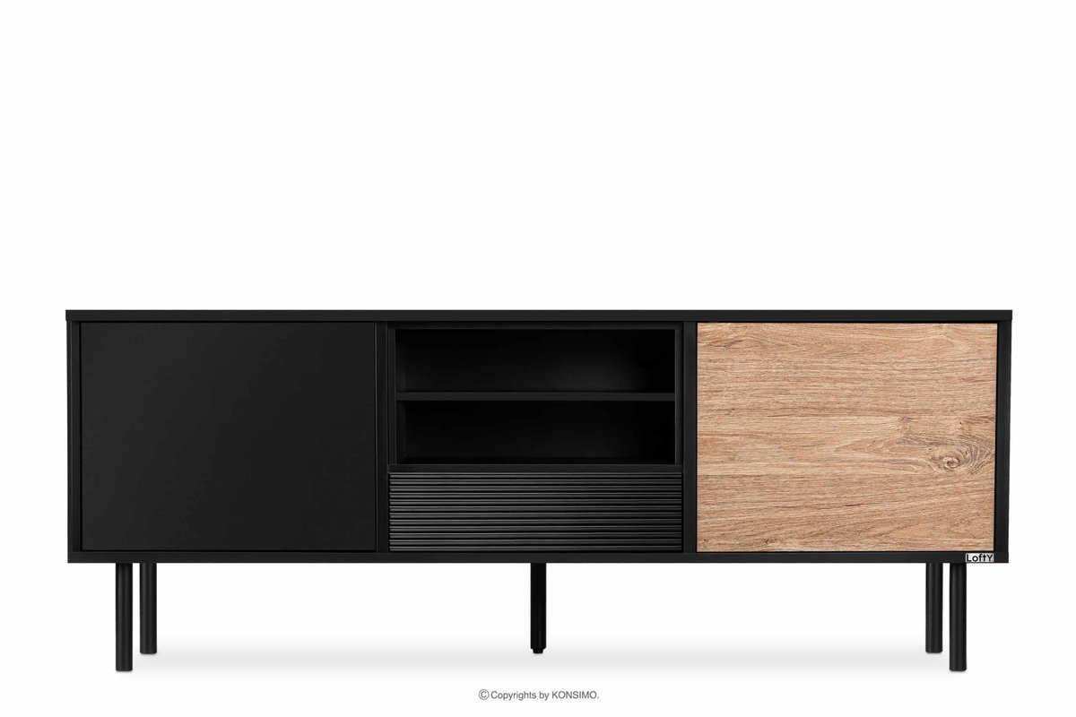 Szafka RTV w stylu loft z półkami czarna LOFTY Konsimo