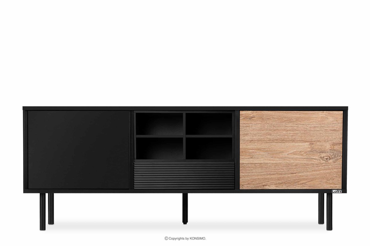 Szeroka szafka RTV w stylu loft z półkami czarna LOFTY Konsimo