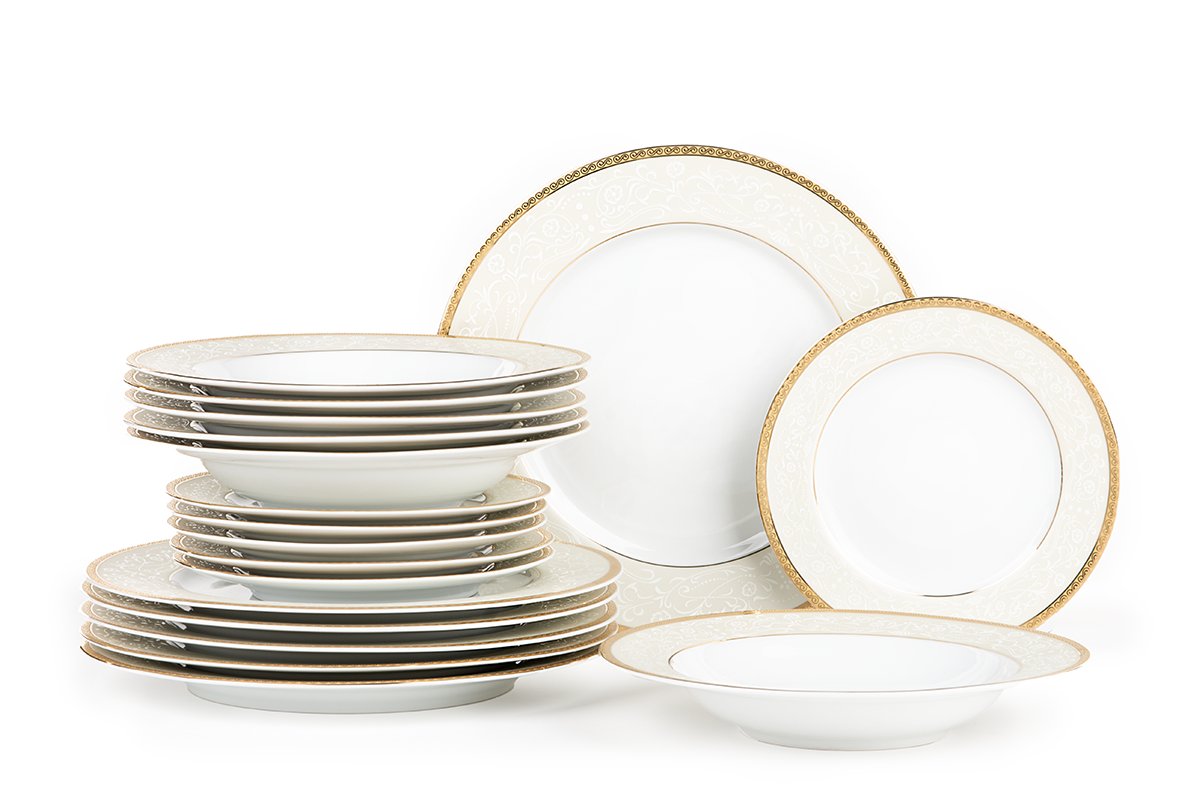 Serwis obiadowy polska porcelana 18 elementów biały / złoty wzór dla 6 os. AGAWA GOLD Konsimo