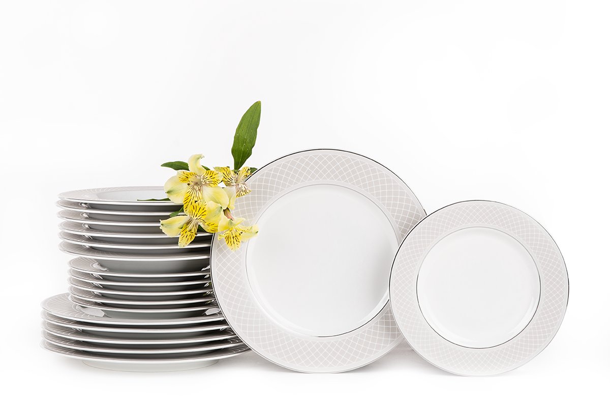 Serwis obiadowy polska porcelana 18 elementów biały / platynowy wzór dla 6 os. SCANIA Konsimo
