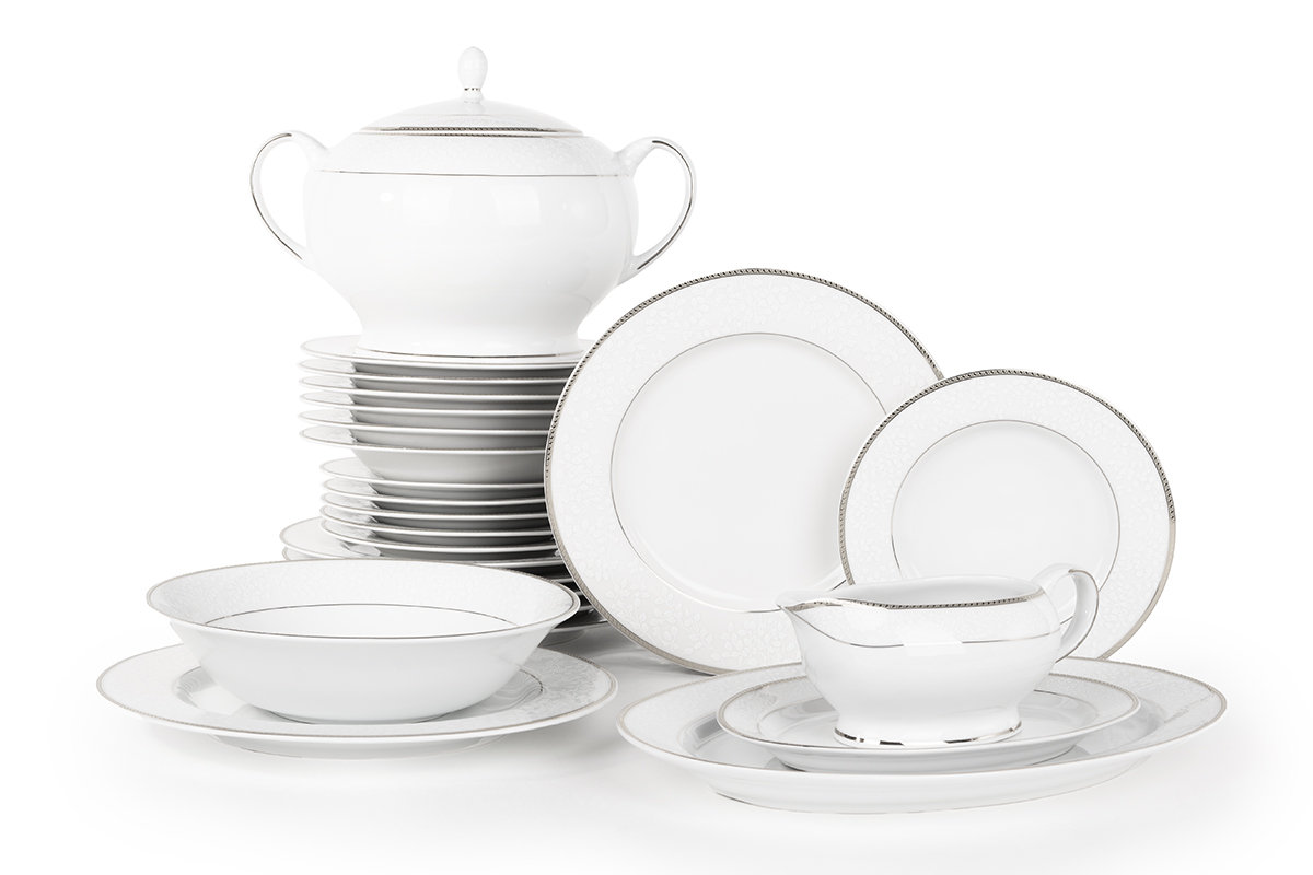 Serwis obiadowy polska porcelana 6 os. 24 elementy biały / platynowy wzór NEW HOLLIS PLATIN Konsimo