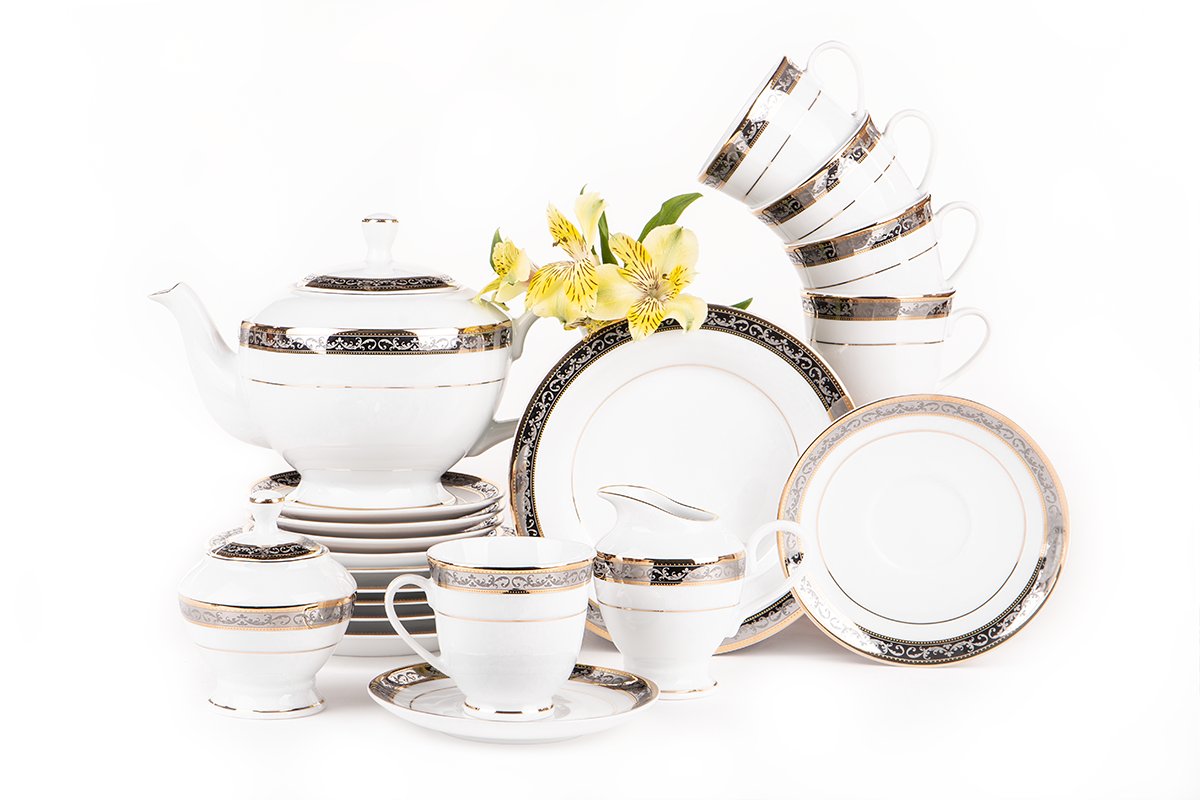 Serwis herbaciany polska porcelana dla 6 osób biały / złoty wzór CONTE Konsimo