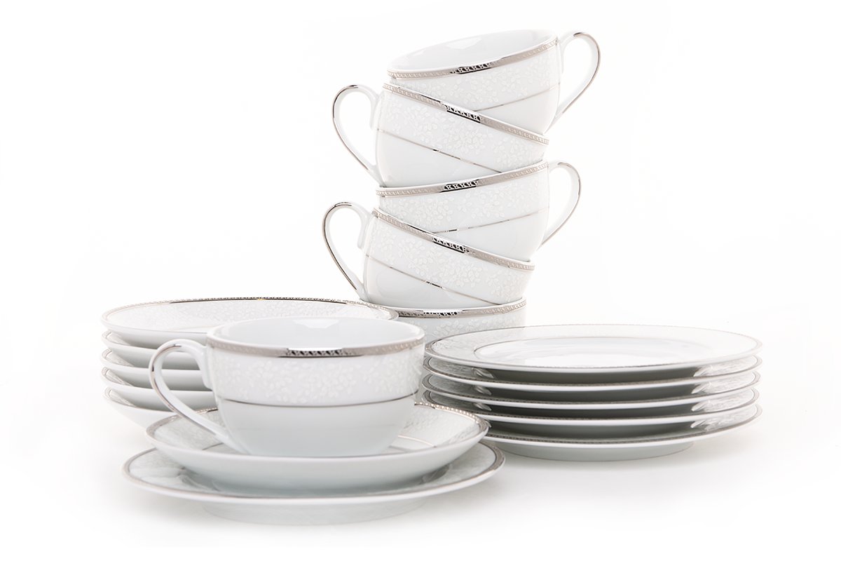 Serwis herbaciany polska porcelana 6 os. 18 elementów biały / platynowy wzór NEW HOLLIS PLATIN Konsimo