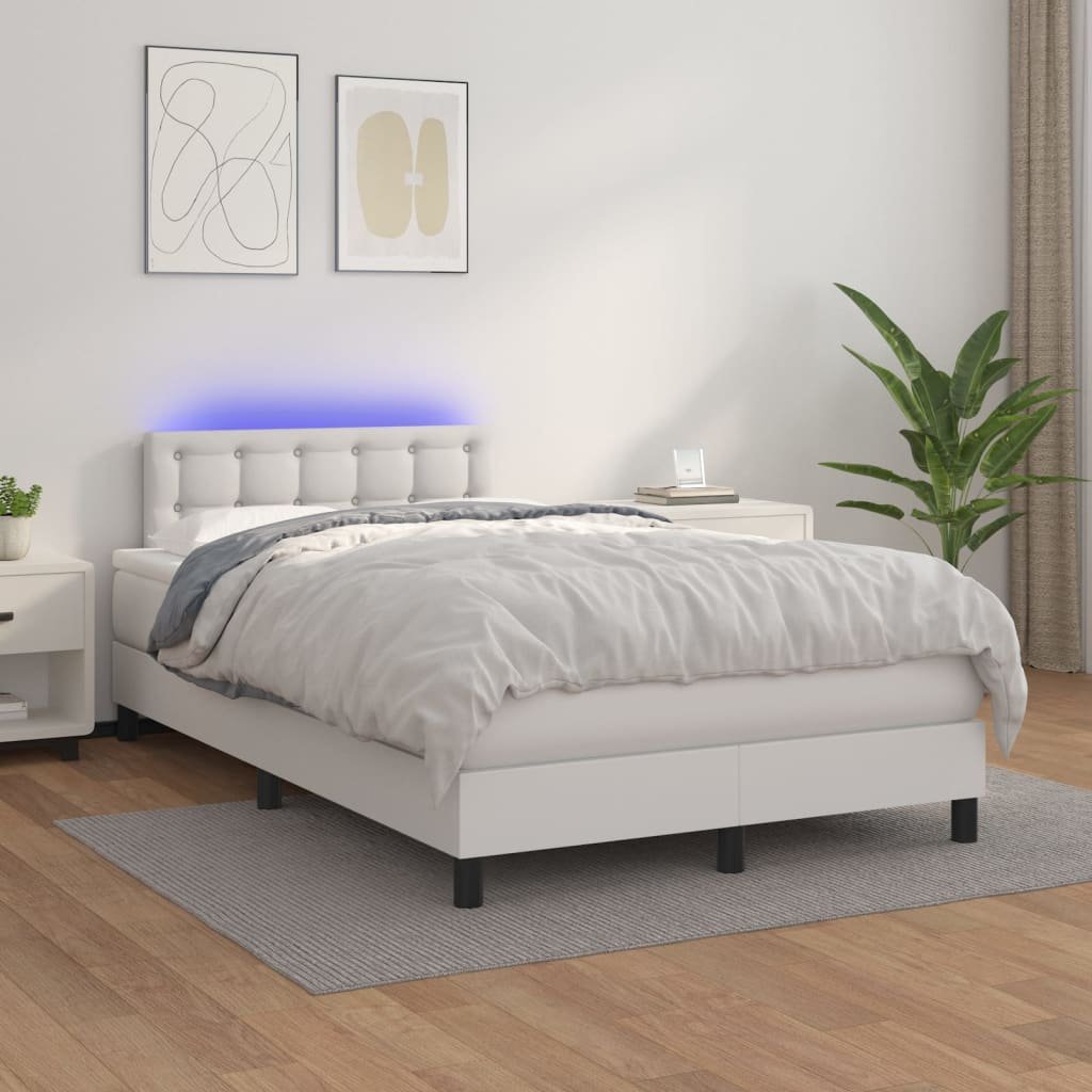 Lumarko Łóżko kontynentalne z materacem i LED, biała ekoskóra 120x200cm