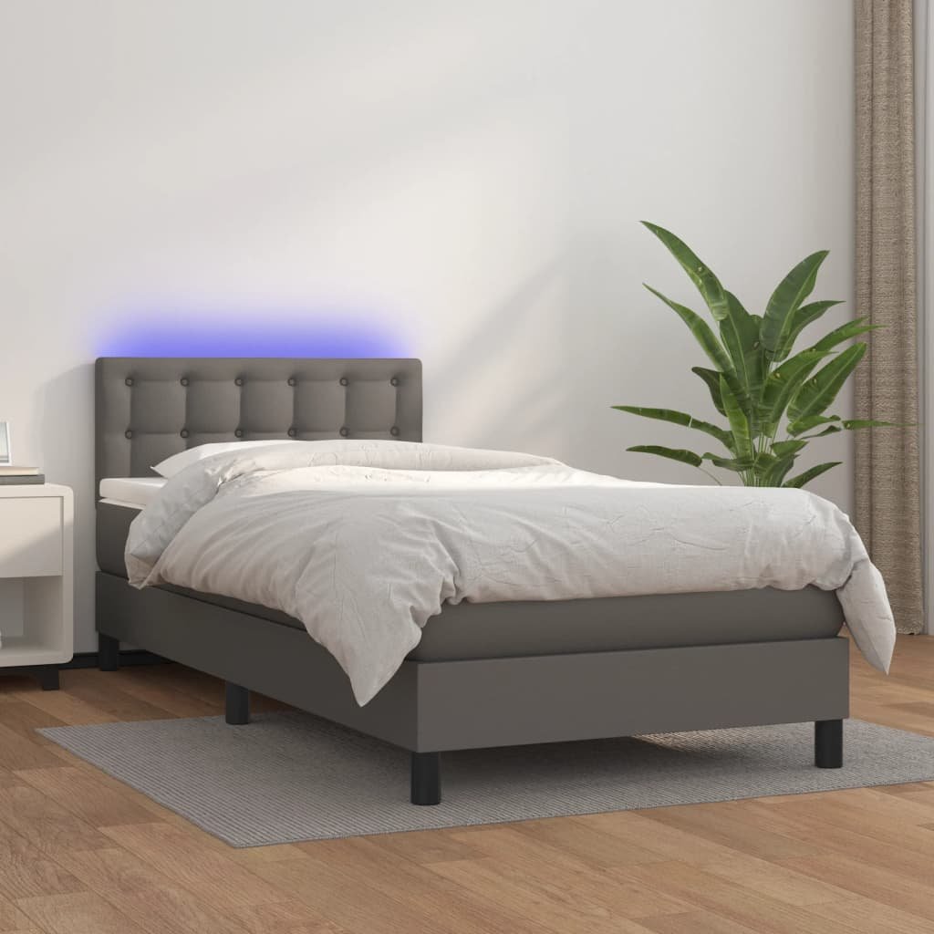 Lumarko Łóżko kontynentalne z materacem i LED, szara ekoskóra 100x200cm