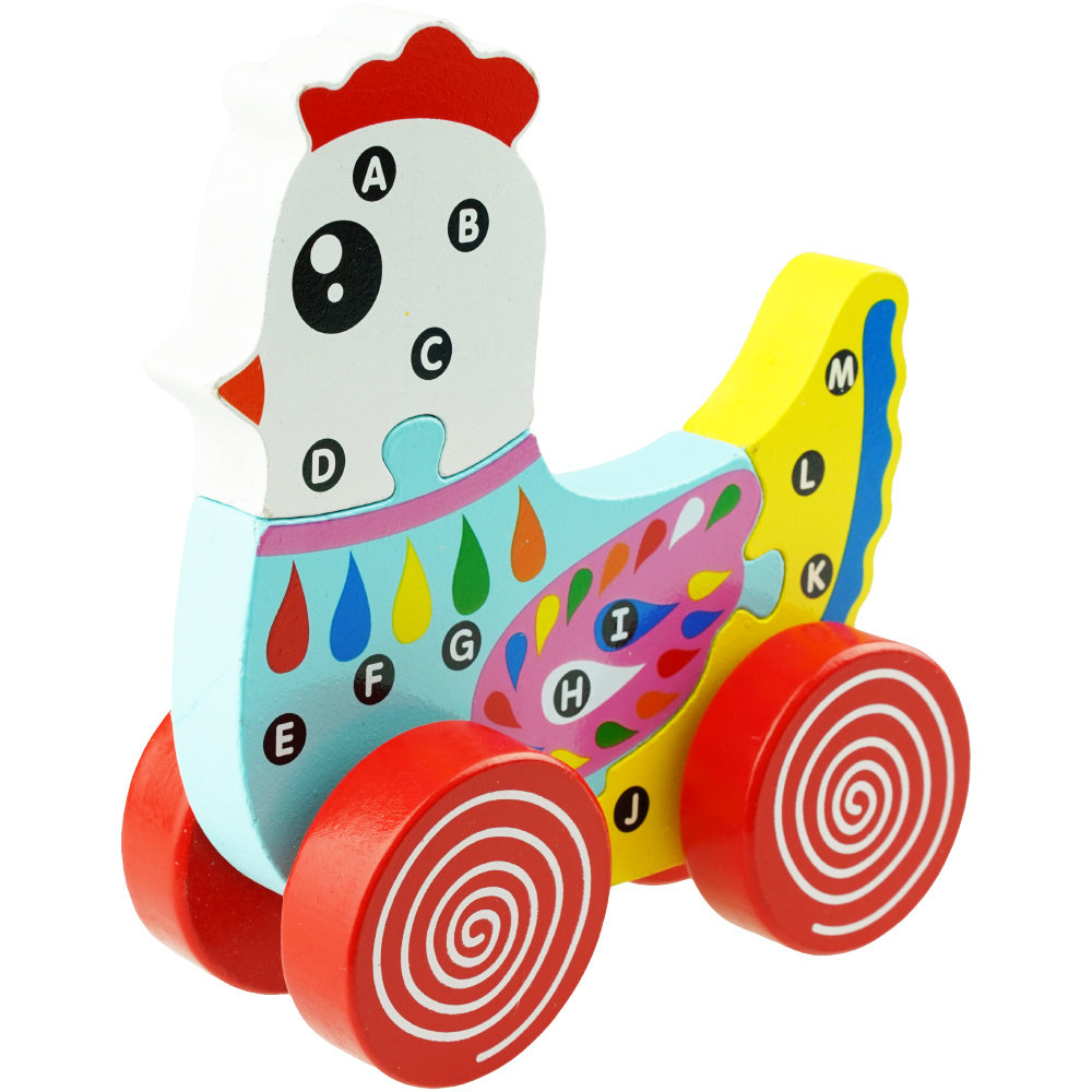 Drewniana układanka puzzle 3D kurka na kółka do ciągnięcia