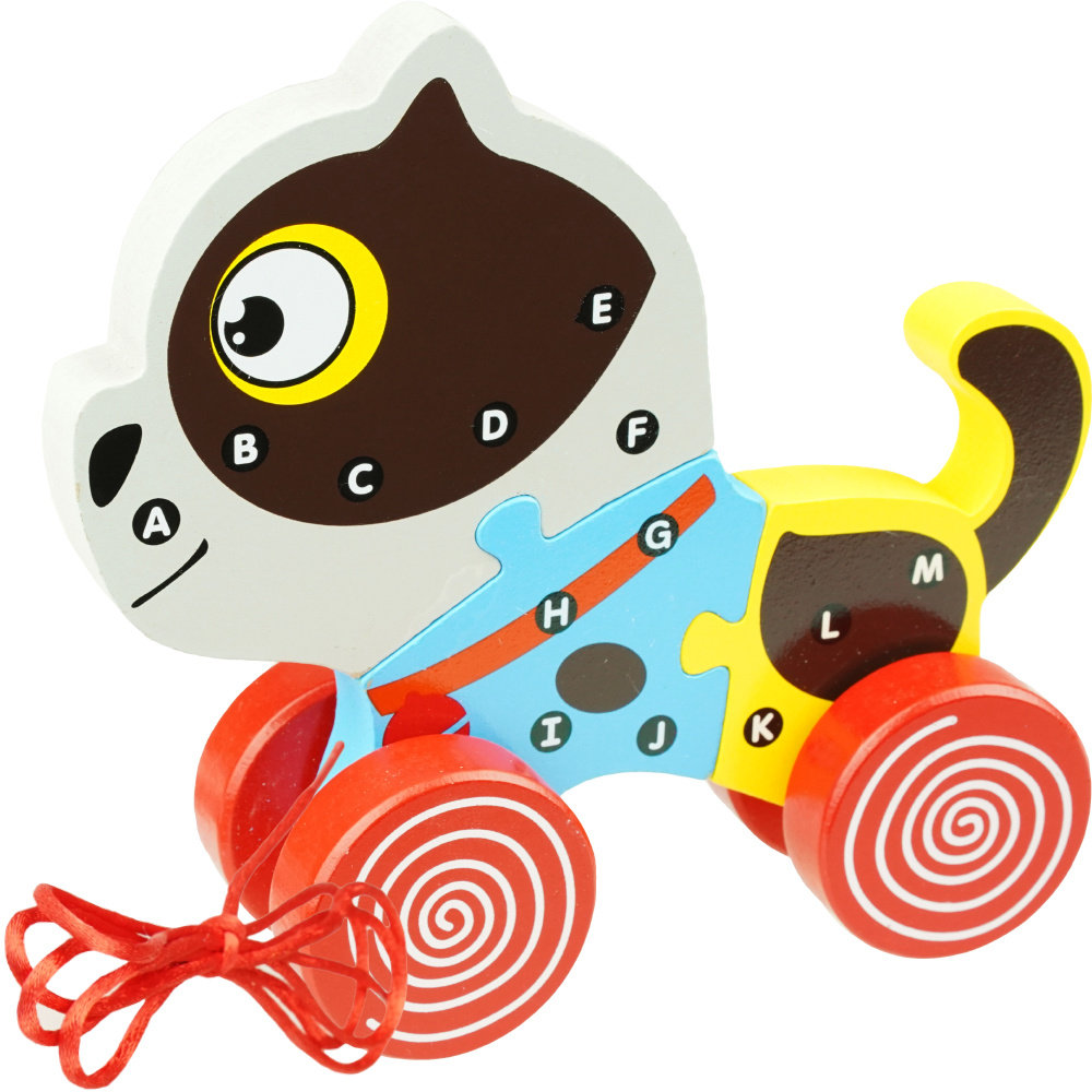 Drewniana układanka puzzle 3D piesek kółka do ciągnięcia