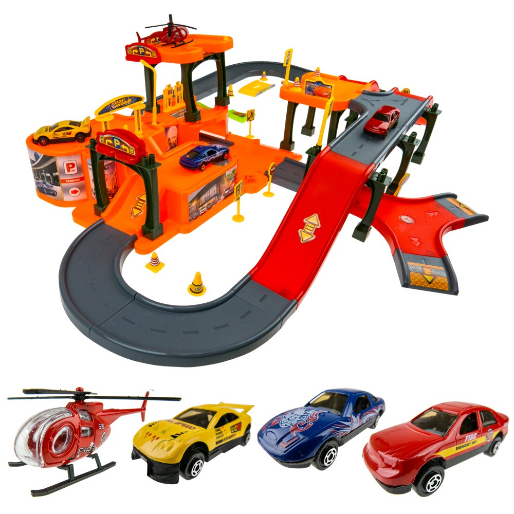 KinderSafe Garaż / Parking z torem samochodowym + 3 Autka i helikopter P6688