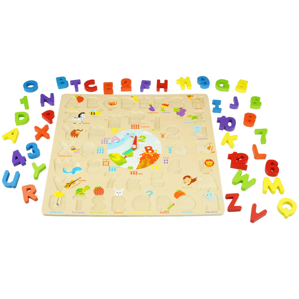 Drewniana układanka puzzle Alfabet Literki Cyferki i zegar