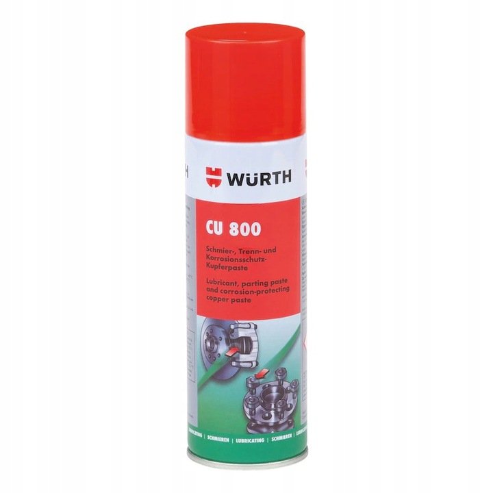 Würth SMAR WYSOKOTEMPERATUROWY WURTH CU 800 (SPRAY, 300ML) Smar wysokotemperaturowy odporny na wysokie naciski, trwale przyczepny w czasie smarowania. Chroni przed korozją, zapobiega zapiekaniu się elementó A0893800