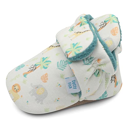 Dotty Fish Botki dla niemowląt. Wygodne buty ciepłe polar kapcie dziecko. Buty zimowe pokryte bawełną. Podeszwa z miękkiej skóry Antypoślizgowa. 0-18 Miesięcy., Zwierzęta Zielone Safari, 12-18 mesi
