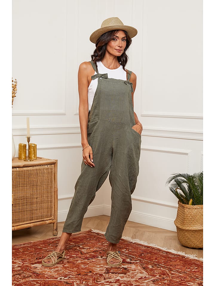 La Compagnie Du Lin Lniane ogrodniczki w kolorze oliwkowym