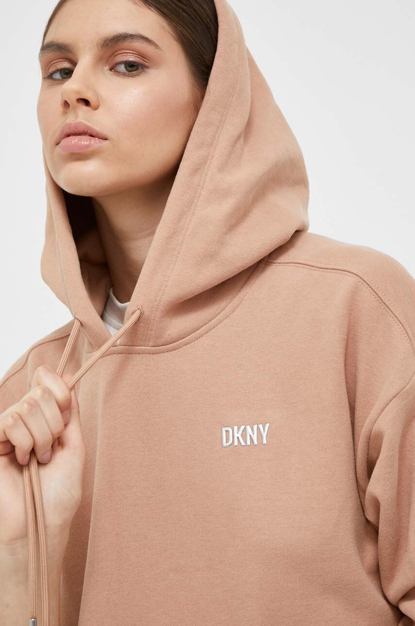 Dkny bluza damska kolor brązowy z kapturem z aplikacją - DKNY