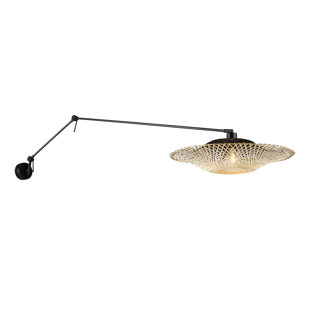 QAZQA Kinkiet czarny z rattanowym kloszem regulowanym 50 cm - Blitz