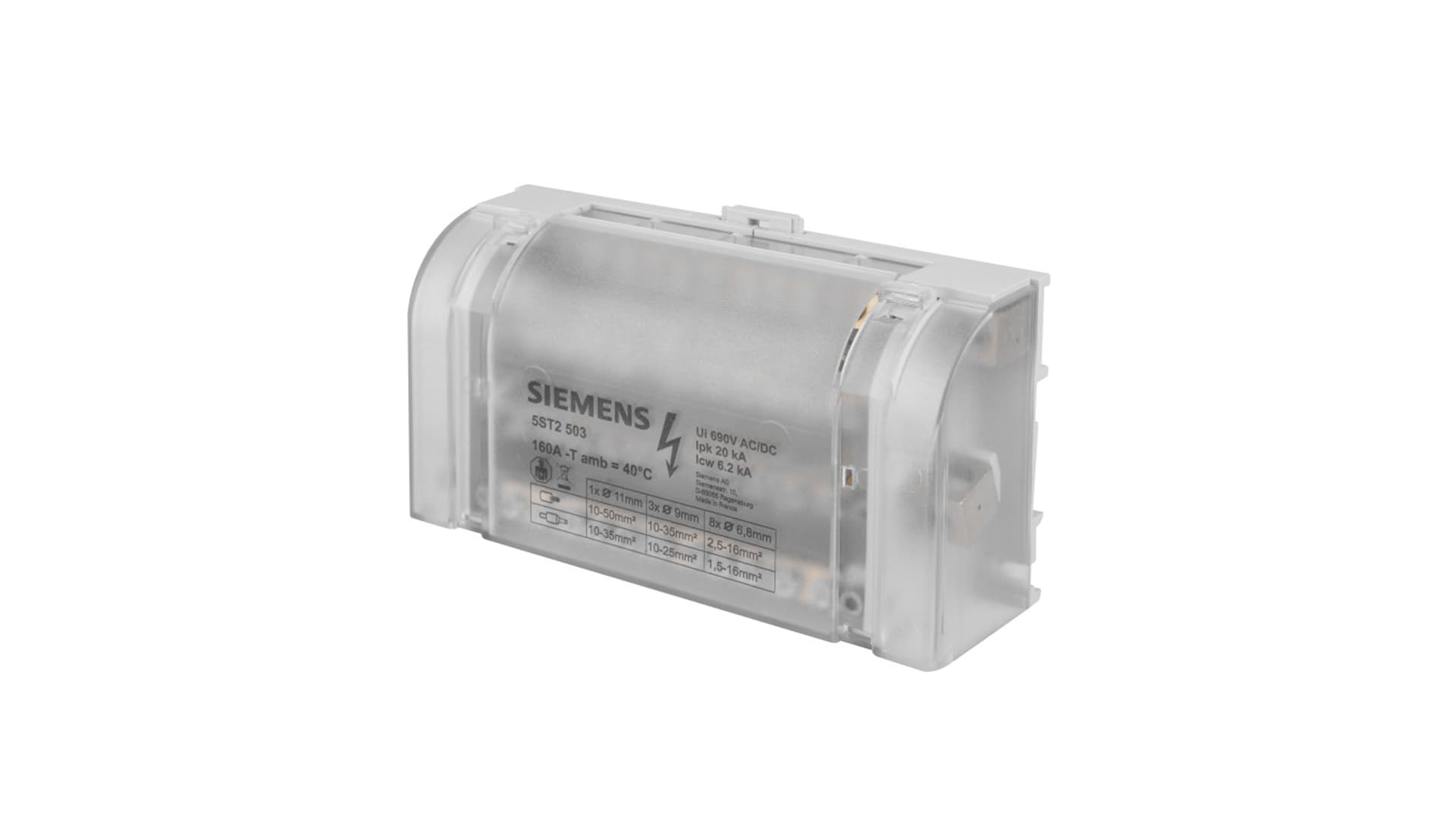 Siemens Blok rozdzielczy 160A 4P 500V 1x10-35mm2 3x6-25mm 8x2,5-16mm2 5ST2503 5ST2503