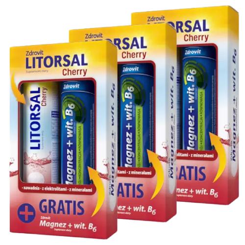 Zestaw Zdrovit Litorsal Cherry, 3 x 24tabl. mus. + Magnez + Wit. B6, 3 x 24tabl. mus.