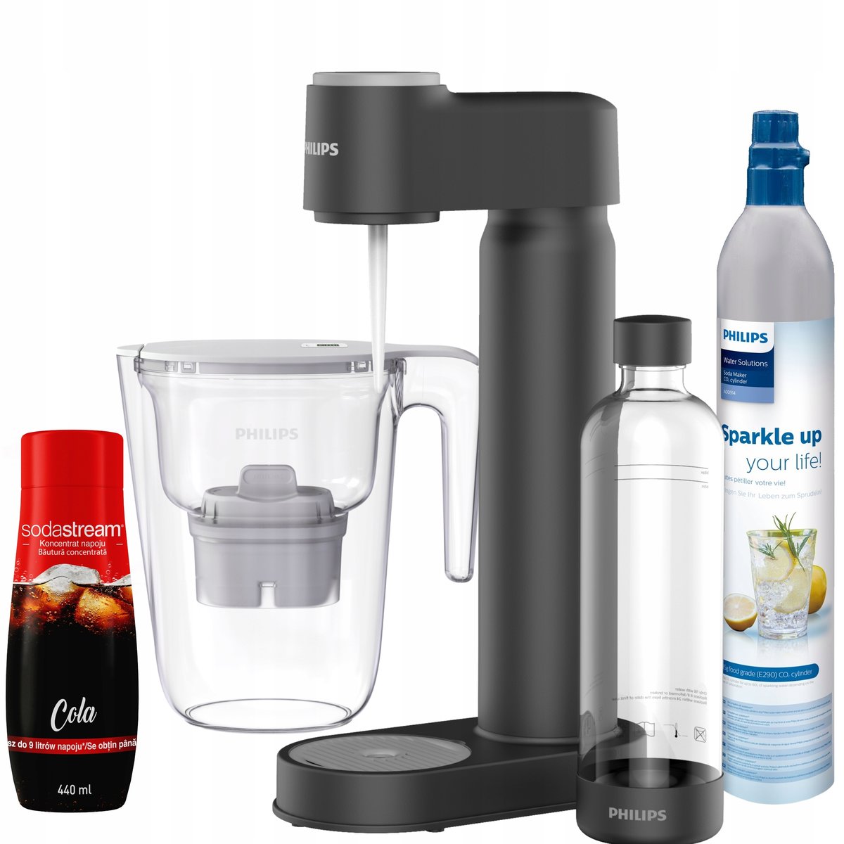 Saturator do wody PHILIPS ADD4901BK + dzbanek filtrujący Philips + syrop Cola