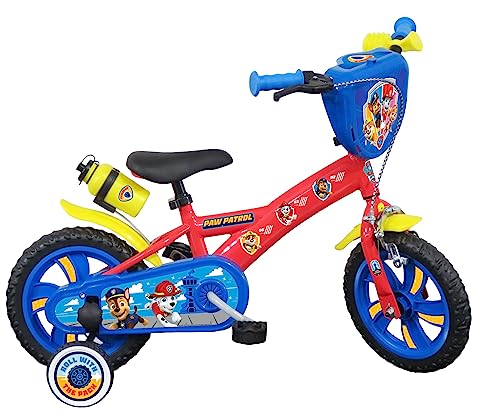 Vélo ATLAS Rower Pat Patrol 12' wyposażony w 1 hamulec, dekoracyjna płyta przednia, błotniki, skrzynia korbowa i stabilizatory. Chłopiec, czerwony