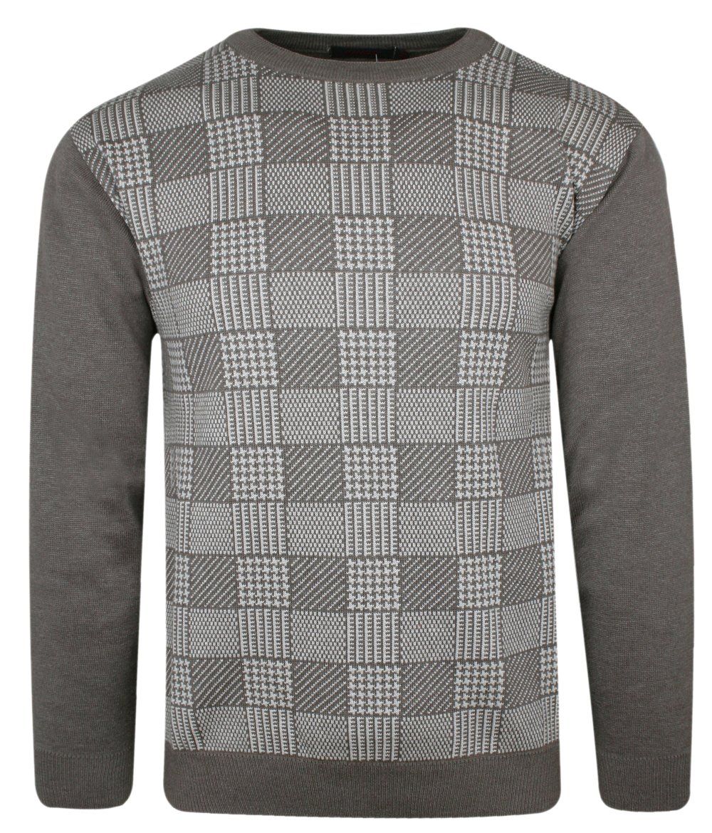 Sweter Brązowy w Szachownicę, Okrągły Dekolt (U-neck) -KINGS- Męski - Kings
