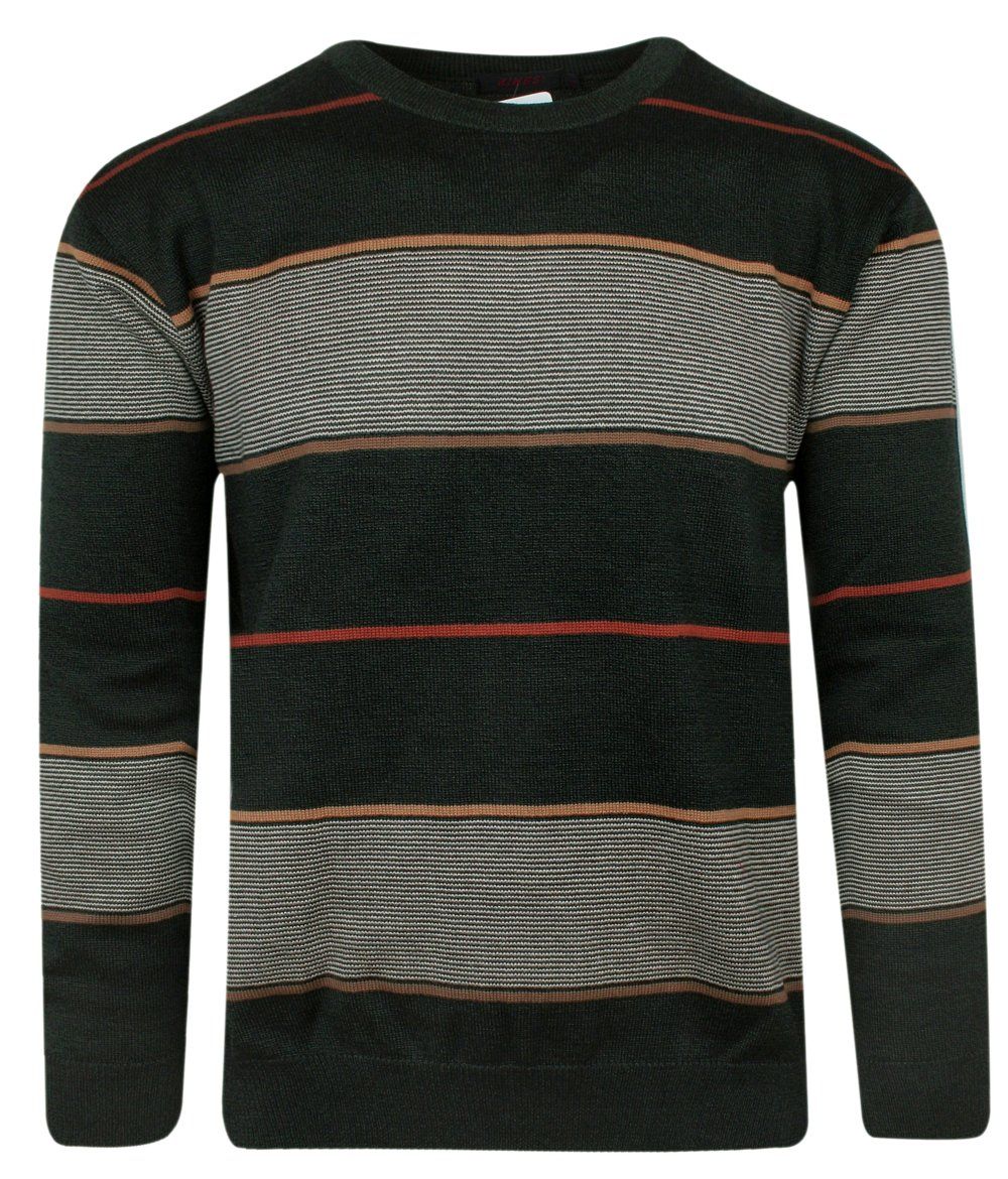 Sweter Ciemny Oliwkowy, Zielony w Paski, Okrągły Dekolt (U-neck) -KINGS- Męski - Kings