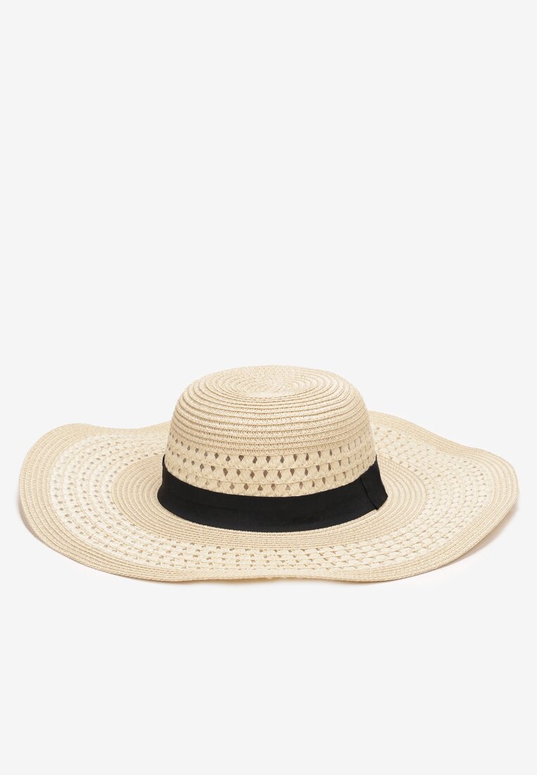 Jasnobeżowy Pleciony Kapelusz z Taśmą i Szerokim Rondem Dianexis