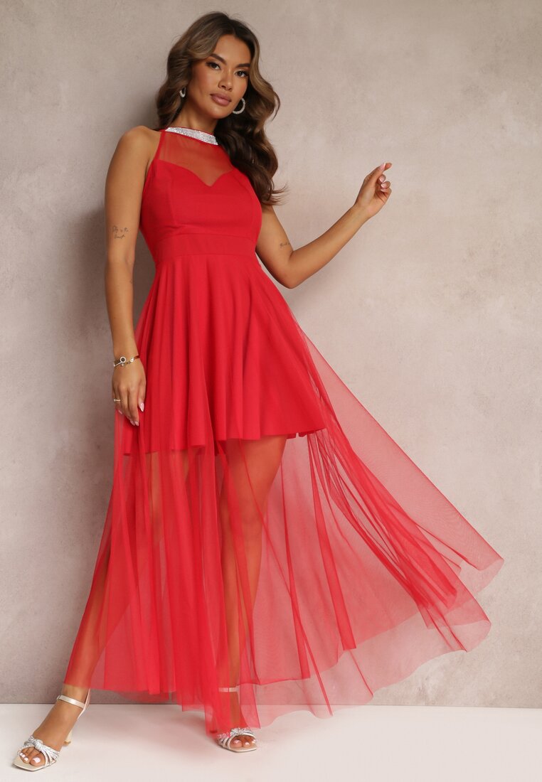 Czerwona Maxi Sukienka o Rozkloszowanym Fasonie z Długim Tiulem i Ozdobnymi Cyrkoniami Amorah