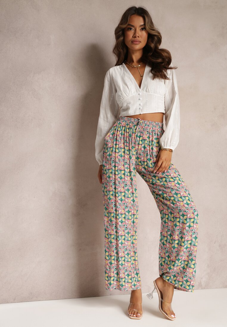 Ciemnozielone Wiskozowe Spodnie High Waist Szerokie z Gumką w Pasie i Kieszeniami Aizha