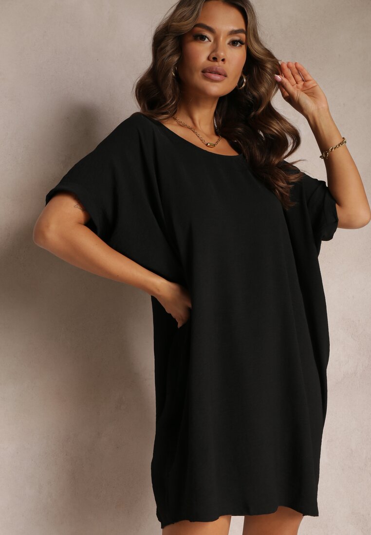 Czarna Boho Sukienka Mini o Fasonie Nietoperza z Okrągłym Dekoltem Maglia