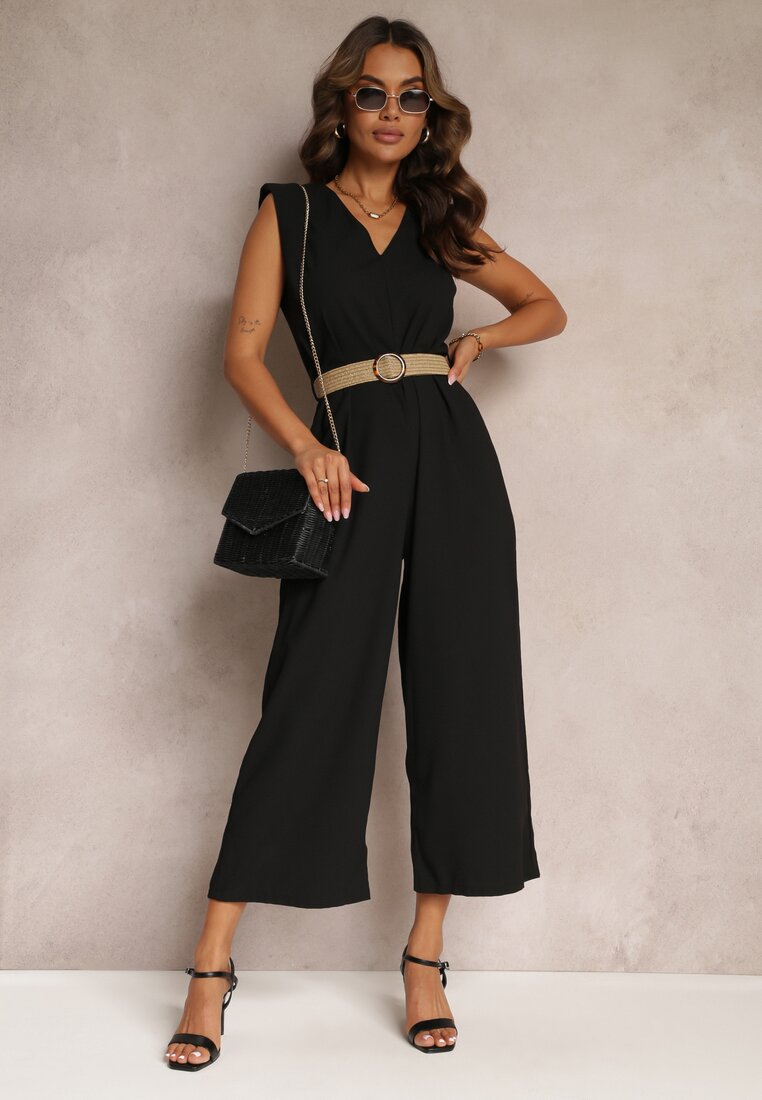 Czarny Długi Kombinezon z Trójkątnym Dekoltem i Ozdobnym Paskiem z Klamrą Malkah