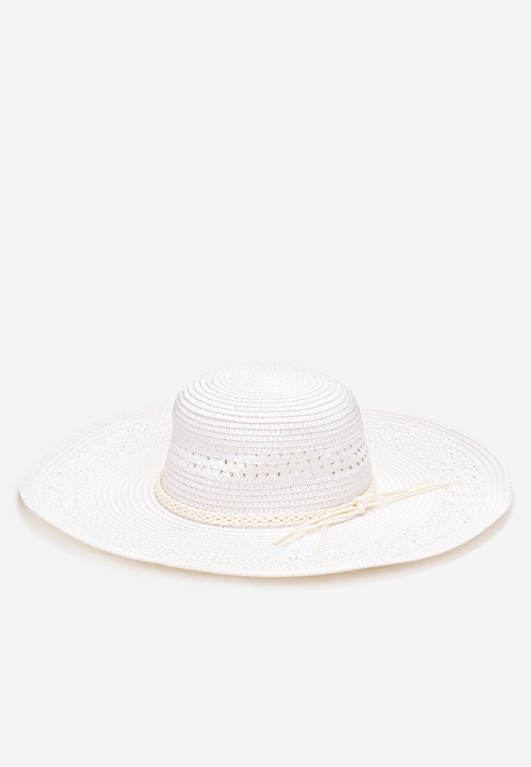 Biały Pleciony Kapelusz z Szerokim Rondem i Rzemykami Hyaceda