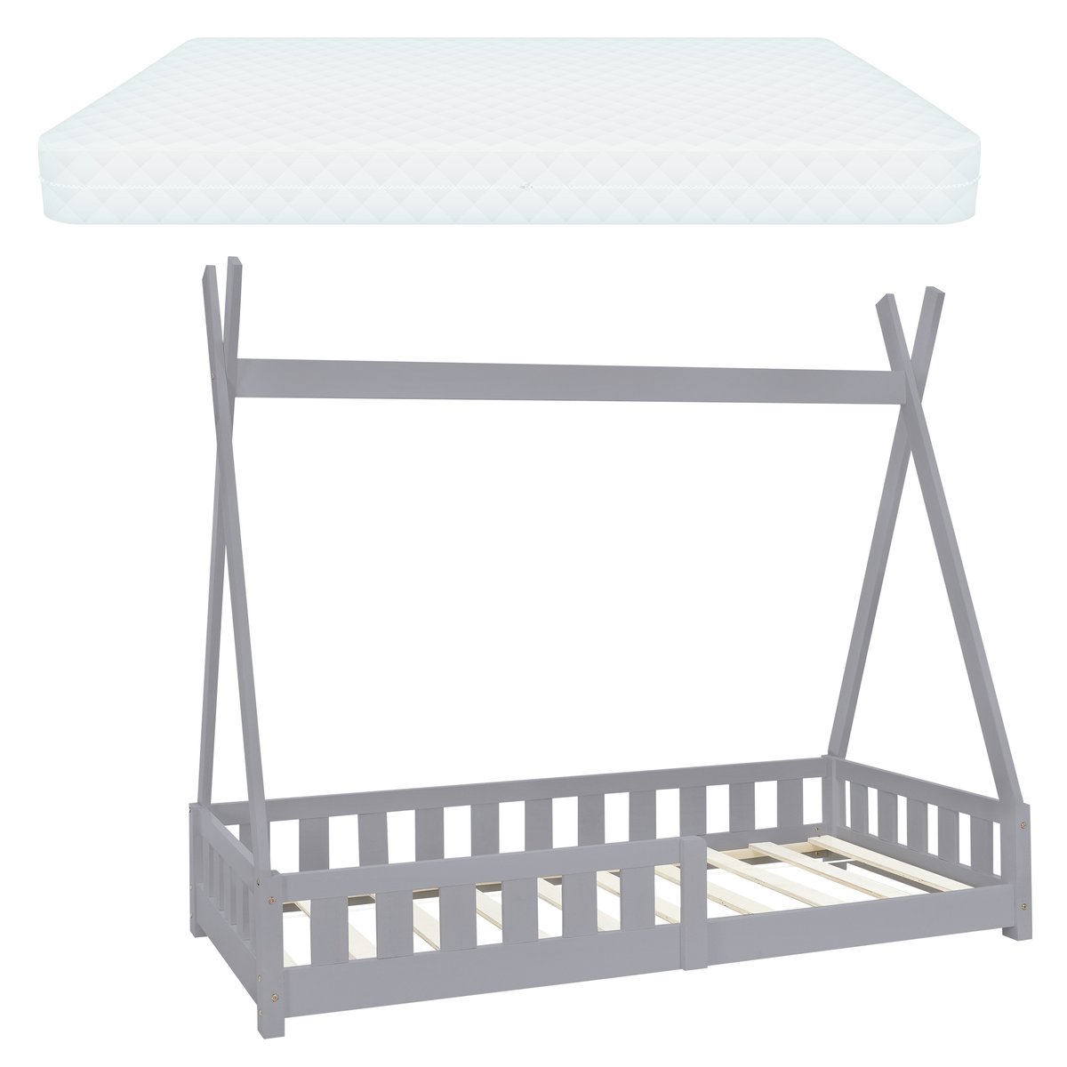 Łóżko dziecięce z zabezpieczeniem przed upadkiem i ramą z listew wraz z materacem 80x160 cm jasnoszare z drewna sosnowego ML-Design