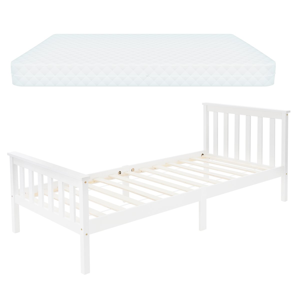 Rama łóżka z ramą z listewek i materacem 90x200 cm w kolorze białym z drewna sosnowego, wzór ML