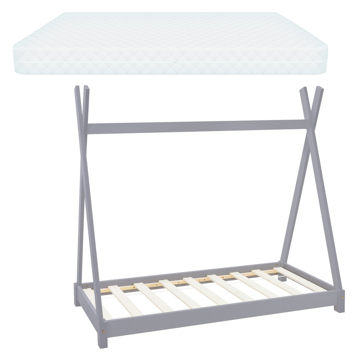 Łóżeczko dziecięce Tipi z listewkami i materacem 70x140 cm jasnoszare z drewna sosnowego ML-Design