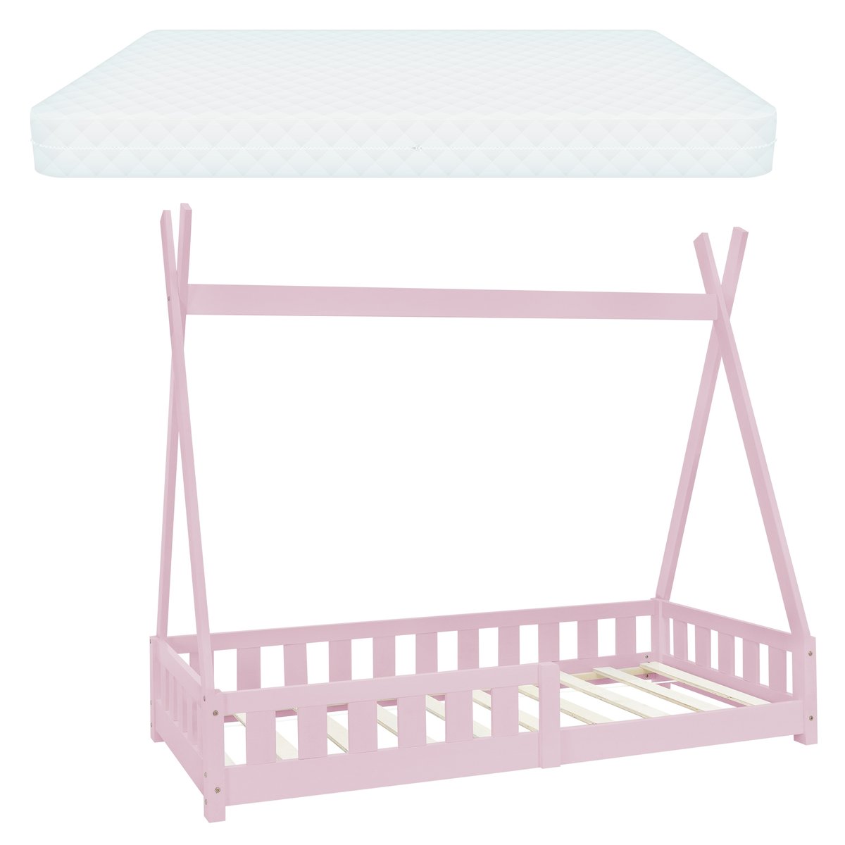 Łóżko dziecięce z zabezpieczeniem przed upadkiem i ramą z listew wraz z materacem 80x160 cm różowe z drewna sosnowego ML-Design