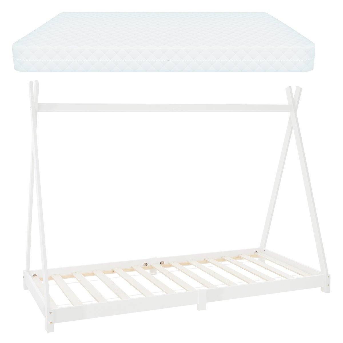 Łóżko dziecięce Tipi z podstawą z listewek i materacem 90x200 cm białe z drewna sosnowego ML-Design