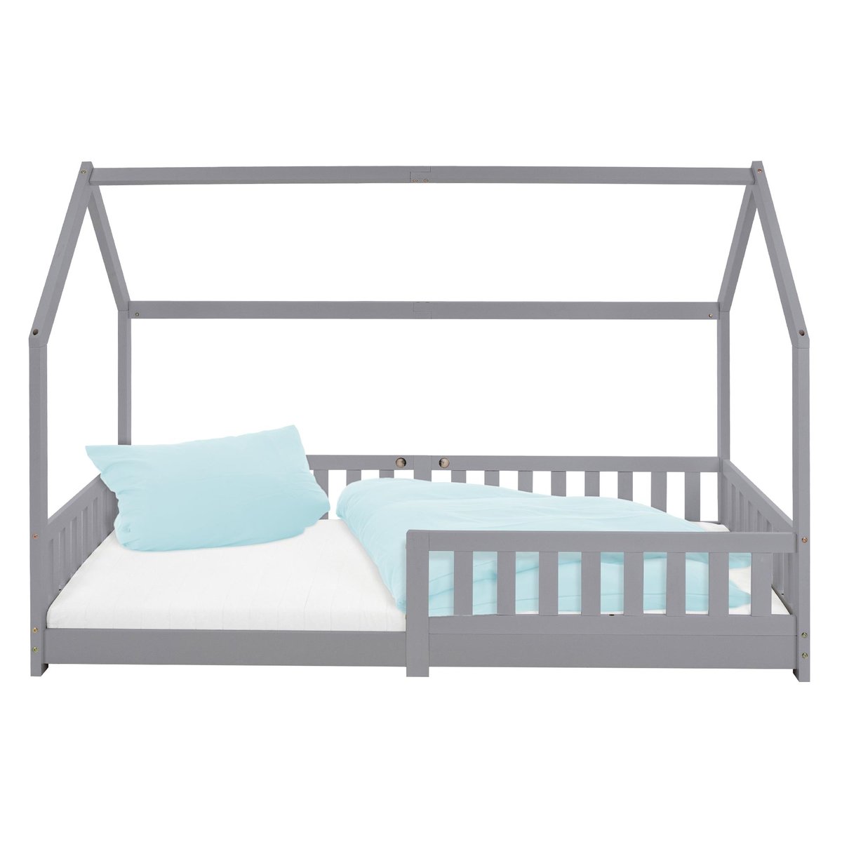 Łóżko dziecięce z listwową ramą zabezpieczającą przed upadkiem i daszkiem 200x90 cm jasnoszare drewno sosnowe ML-Design
