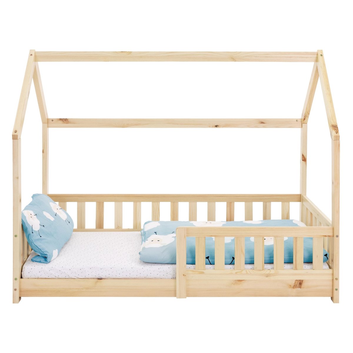 Łóżko dziecięce z listwami zabezpieczającymi przed upadkiem i daszkiem 80x160 cm naturalne drewno sosnowe ML-Design
