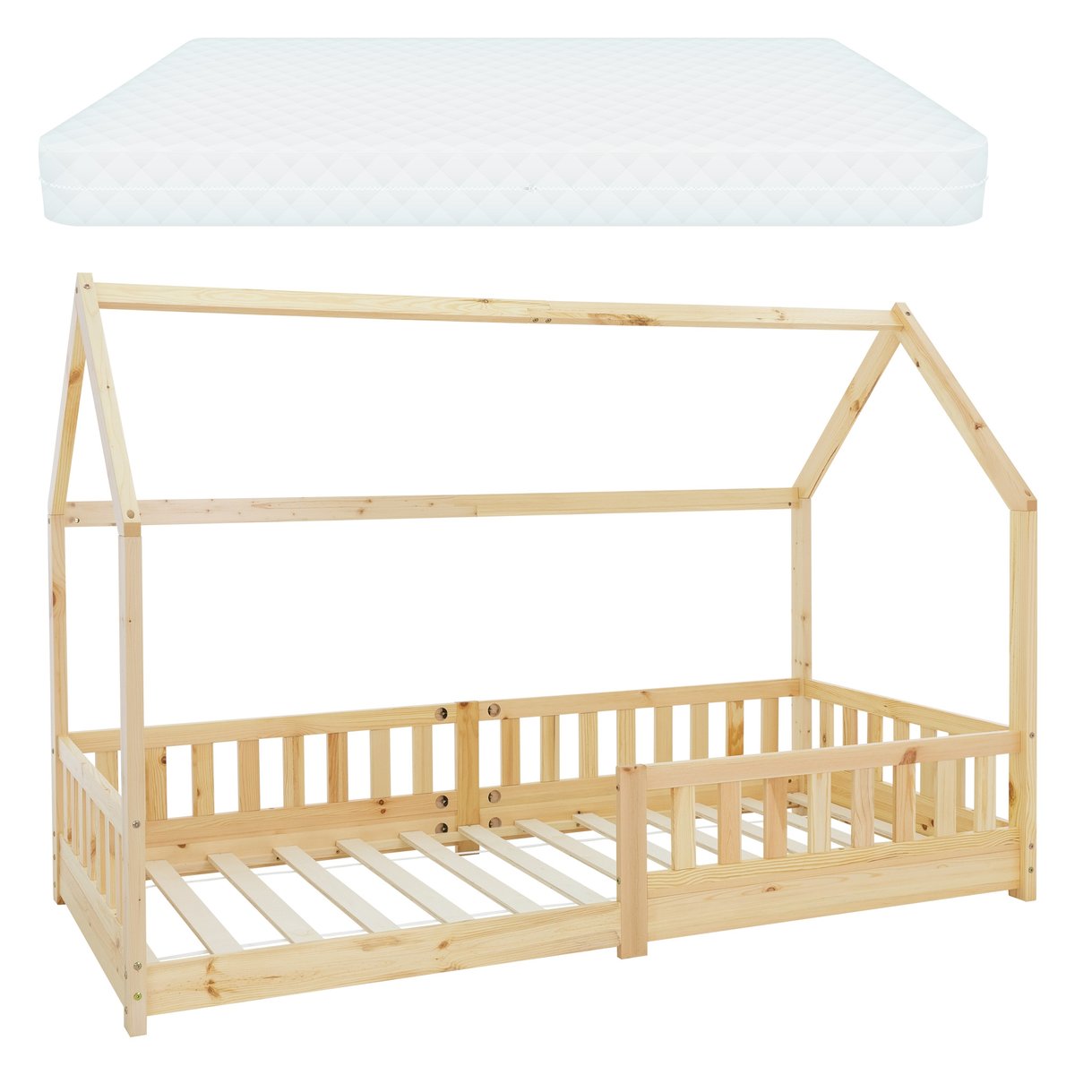 Łóżko dziecięce z ramą z listew chroniących przed upadkiem i dachem z materacem 90x200 cm naturalne drewno sosnowe ML-Design