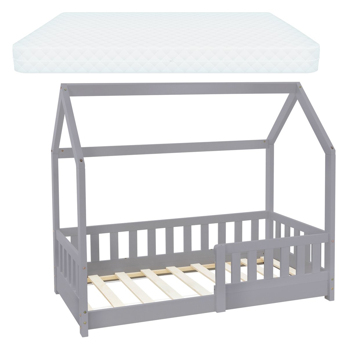 Łóżko dziecięce z listwową ramą zabezpieczającą przed upadkiem i dachem z materacem 70x140 cm jasnoszare z drewna sosnowego ML-Design