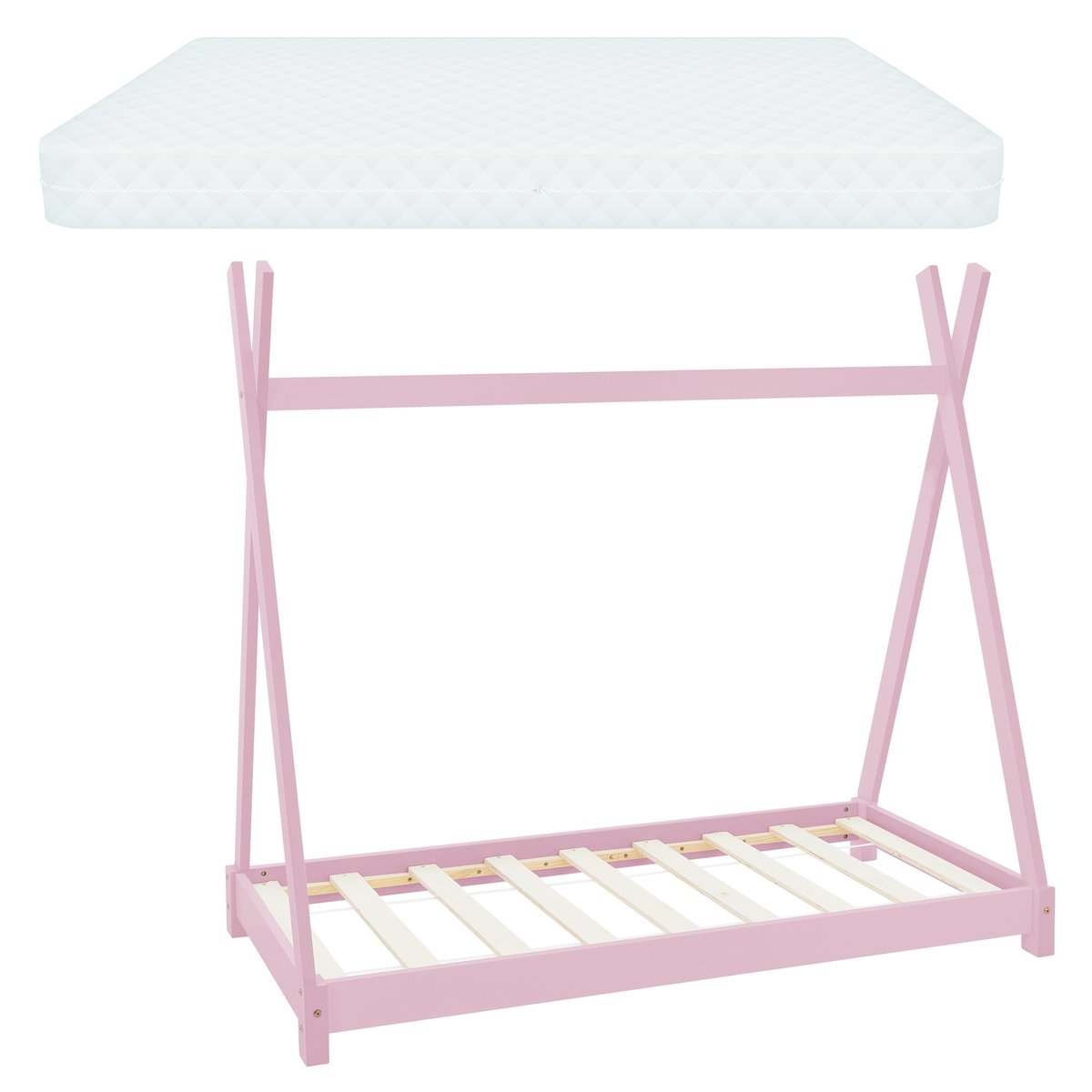 Łóżko dziecięce Tipi z podstawą z listewek i materacem 70x140 cm różowe drewno sosnowe ML-Design