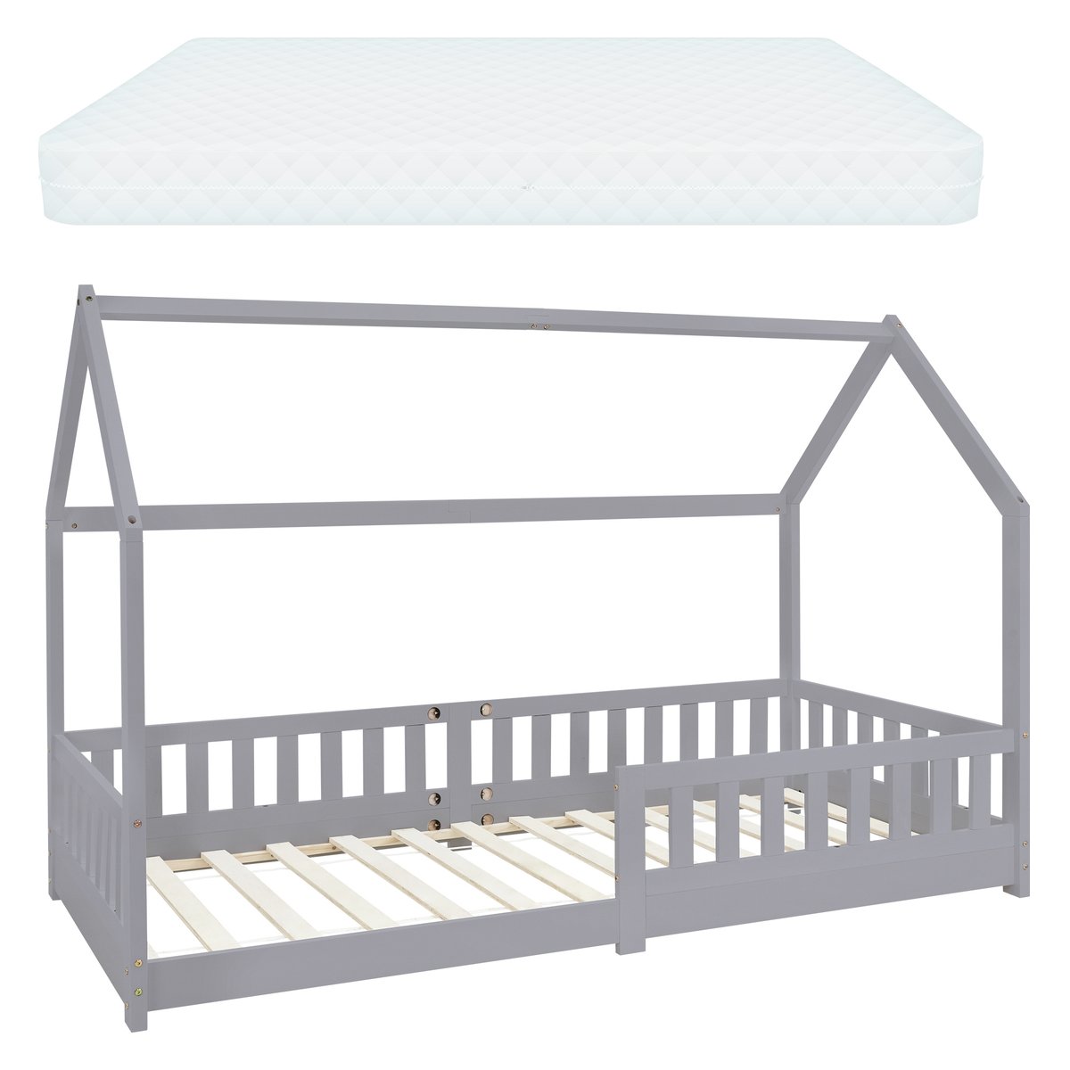 Łóżko dziecięce z listwową ramą zabezpieczającą przed upadkiem i dachem z materacem 90x200 cm jasnoszare z drewna sosnowego ML-Design