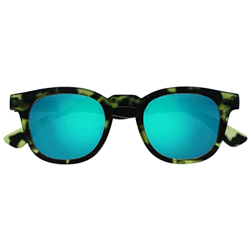 Opulize Bay Sonnen okulary do czytania fajne, gruba, okrągła oprawka, zawiasy sprężynowe, zielone, lustrzane soczewki, ochrona UV400, matowe, zielone, żółwia dla mężczyzn i kobiet, S97-6+2.00