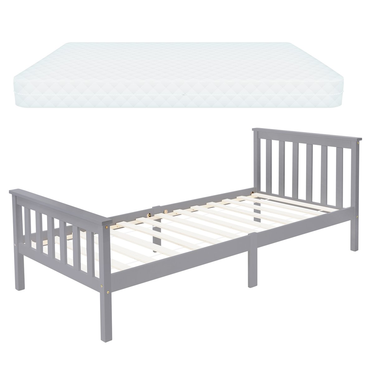Rama łóżka z listwami i materacem 90x200 cm jasnoszary z drewna sosnowego ML-Design