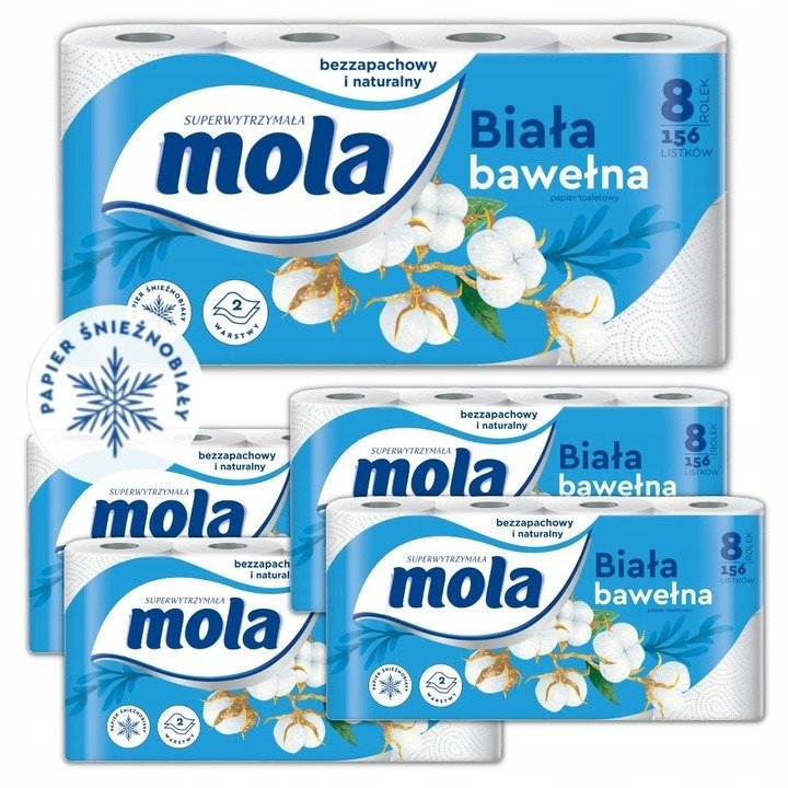 Papier toaletowy Mola White Bawełniana Biel (8 rolek) x 5 sztuk