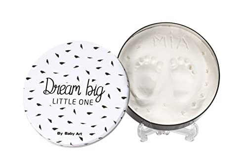 Baby Art Magic Box White and Black okrągłe pudełko z metalu z masą do modelowania, zestaw na odcisk dłoni i stóp, prezent z okazji narodzin lub chrztu