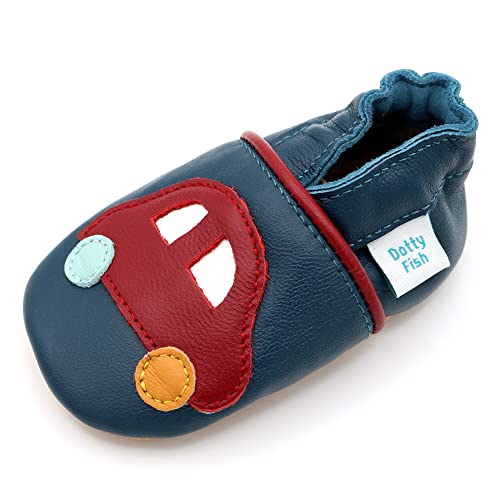 Dotty Fish Chłopcy miękkie skórzane buty dziecięce - chłopcy Buty dziecięce, Czerwony i niebieski samochód, 12-18 månader