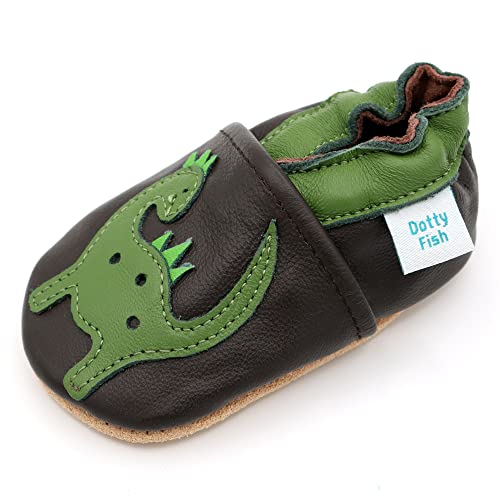 Dotty Fish Miękkie skórzane buty dziecięce ze zwierzętami unisex – dziecięce buty dziecięce, Zielony i brązowy Dinozaur, 19 EU