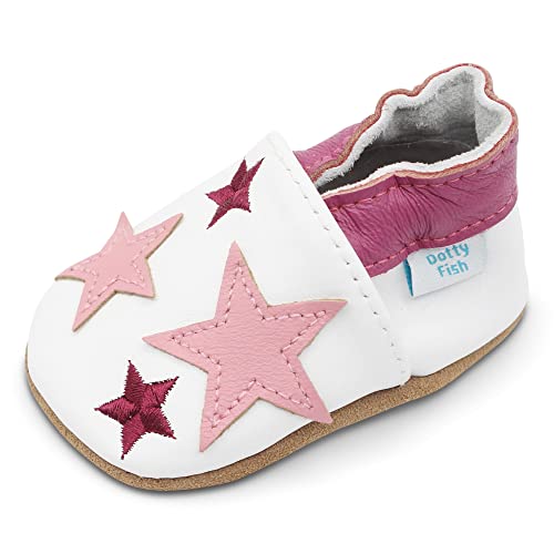 Dotty Fish Dziewczęta miękkie skórzane buty dziecięce - Dziewczyny Buty dziecięce, Różowe & Białe Gwiazdy, 0-6 månader