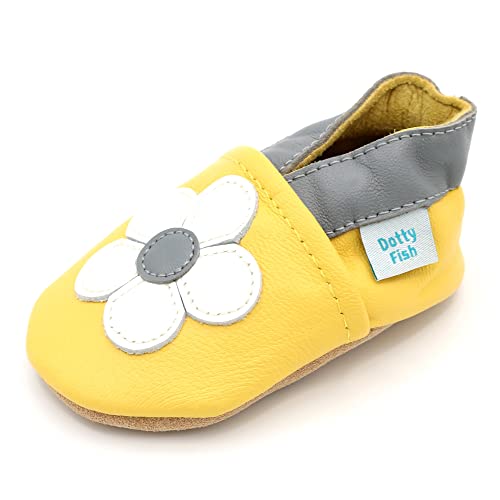 Dotty Fish Buty dziecięce z miękkiej skóry z zamszowej podeszwy antypoślizgowej. Buty dla małych dzieci. Żółty stokrotka. 2-3 lata (25 EU), Żółty Kapłan, 2-3 år