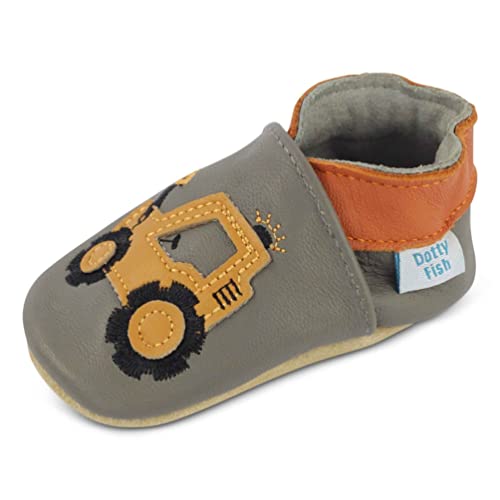 Dotty Fish Chłopcy miękkie skórzane buty dziecięce - chłopcy Buty dziecięce, Żółty Koparka, 12-18 månader